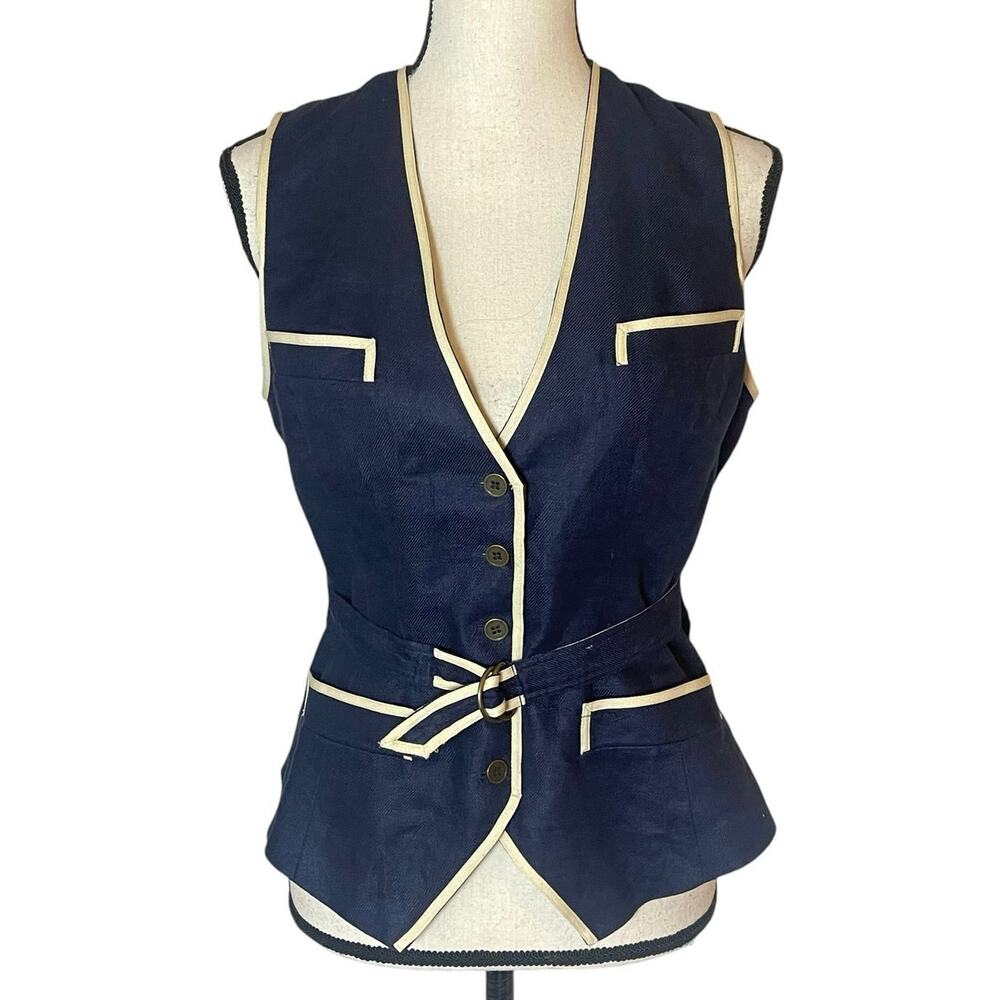 Plenty by Tracy Reese Anthropologie Linen Navy Belted Contrast Trim Vest Size 8